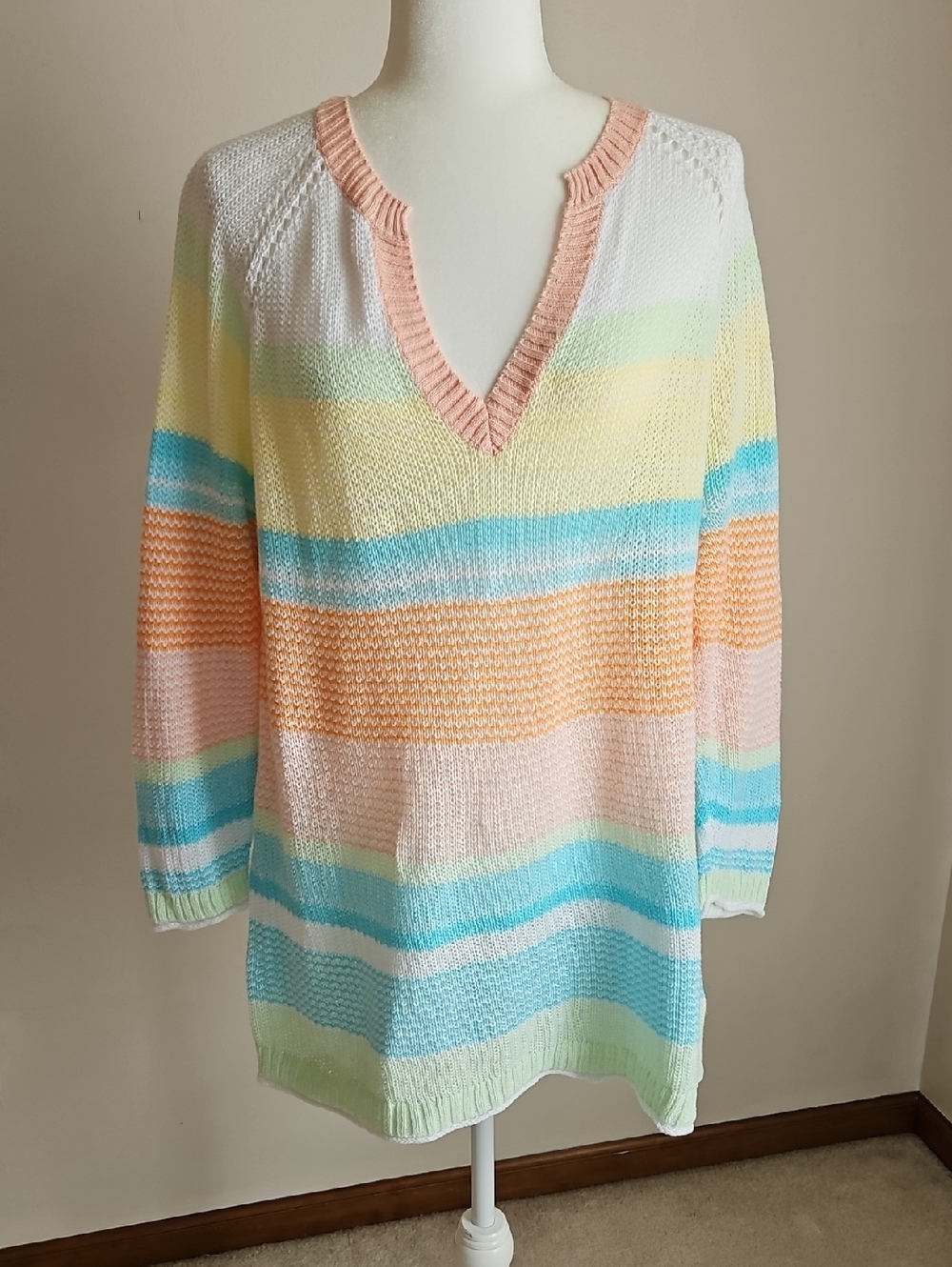 Talbots V Neck Sweater Striped Blue Orange Lightweight 100% Cotton XL